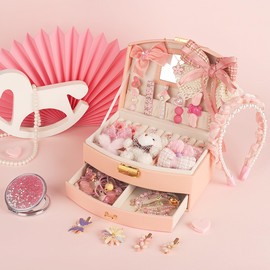 OneCocoa Hair Accessories for Girls, Teen Girl Gifts Including Jewelry Box/Hair Clips/Hairband/Hair Ties/Hair Bows, Birthday Gift for Girls Age 6 7 8-14 16 (Pink-Upgraded)