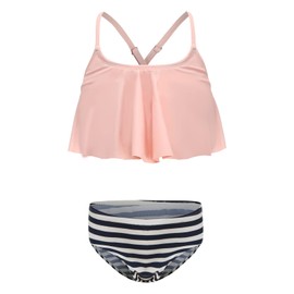 Moon Tree Big Girls Two Piece Bikini Swimsuits Hawaiian Ruffle Bathing Suit Kids Beach Swimwear Set Pink Stripes Size 10/8-10 Years