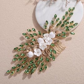 Teyglen Green Rhinestone Bride Flower Wedding Hair Comb with Crystal Bridal Headpiece Gold Leaf Rhinestone Hair Piece with White Flower Side Comb Floral Hair Accessories for Women (Green)