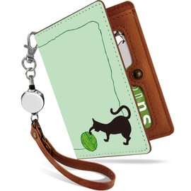 Pretimo Cat Cat Silhouette Cute Bifold Reel Strap Pass Case, Cat Yarn Ball Green