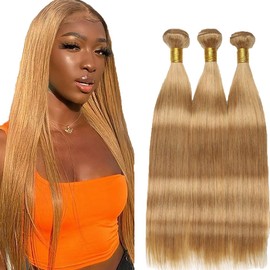 Honey Blonde Human Hair Bundles Color 27 Bundles Human Hair Blonde Straight Bundles Grade 8A Color 27 Straight Bundles Human Hair Weave Extensions Hair For Women 20 22 24 inch