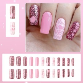 24 Pcs Valentines Press on Nails Medium Square - ZIFANHU Pink Glitter Fake Nails Press ons Full Cover Glossy Glue on Nails Acrylic False Nails with Heart Design Stick on Nails for Women Nail Art DIY