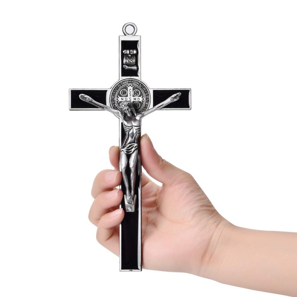 Wellcho Black Enamel Crucifix Wall Cross -Saint Benedict Metal Wall