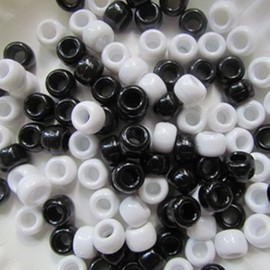 100 x Pony Beads 9mm x 6mm Black and White Mix - Plastic Barrel Round Craft Beads