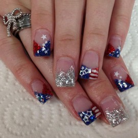 Red Blue Glitter French Tip Press on Nails Short Square Independence Day Fake Nails with American Flag Design 4th of July Glue on False Nail Five-Pointed Star Stick on Nail for Women Girls 24Pcs