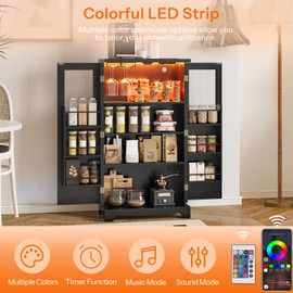 HOOBRO 43" Kitchen Pantry Cabinet, kitchen Storage Cabinet with Power Outlets, Pantry Cabinet with LED Lights and Adjustable Shelf, Pantry Glass Doors Holders, for Kitchen, Dining Room, Black and Gold