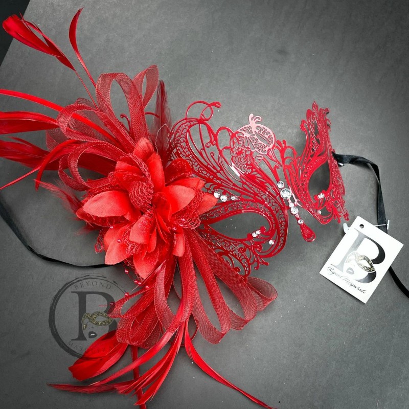 Beyond Masquerade Red Feather Masquerade Mask, Great Gatsby Dress, Red