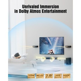 Hiwill 4.1ch Dolby Atmos Soundbar, 320W Sound Bar for Smart TV with Subwoofer, 2 Side-Firing Tweeters, 2 Front Surround Speakers, Home Theatre 3D Surround Sound System for TV Speaker, eARC/OTP/AUX