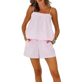 RUEWEY Women's Y2K Striped Pajama Set Sleeveless Spaghetti Straps Cami Tops Shorts Matching Pj Set Lounge Sets Sleepwear (A-Pink, S)