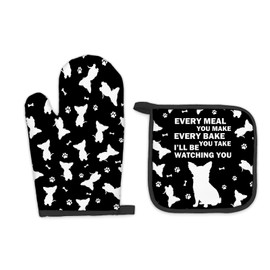FIicy Chihuahua Gifts Dog Oven Mitts and Pot Holders Sets, Chihuahua Decor Dog Kitchen Accessories Sets, Every Meal You Make Chihuahua Black Heat Resistant Oven Glove Potholders for Kitchen Baking