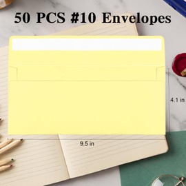 CINSOEN 50 Pack Light Yellow #10 Business Envelopes, Standard Envelopes Self Seal, 4 1/8 x 9 1/2 Inch Letter Size Business Mailing Envelopes for Checks Invoices Statements Baby Shower Wedding Birthday