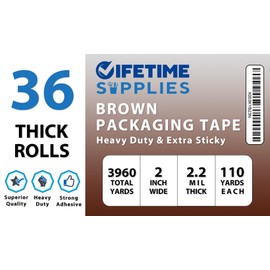 Lifetime Supplies 36 ROLLS [UPGRADED] 2" Brown Premium Packing Tape, 110 YARDS, 2.2 mil, Heavy Duty Packaging Tape for Shipping, Moving, Sealing - STRONGER & THICKER