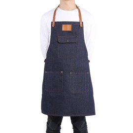 Zerodis Denim Apron, Kitchen Apron with 3 Pockets and Adjustable Leather Strap for Cooking BBQ, Bartender Chef Work Apron Heavy Duty Bib for Men Women(78.00 * 68.00 * 2.00cm-Blue)