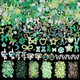 620pcs Mixed 3D Nail Charms Kit, 12pcs Luxury Metal Nail Rhinestones and 250pcs Resin Butterfly Flower Star Heart Bow Charms with 400pcs Flatback Pearls Rhinestone Metal Gems Charms (Green)