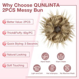 Qunlinta 2 PCS Large Messy Bun Hair Piece, Thick Tousled Updo Wavy Curly Hair Bun Scrunchies Extensions Synthetic Chignon Updo Hairpieces for Women Girls Ash Blonde