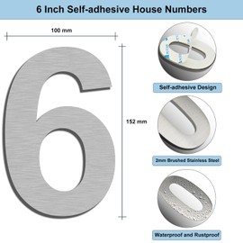 Self-adhesive House Numbers - 6 Inch Stainless Steel Door Numbers for Outside - Big Modern House Number,Garden Door Address Number for House - Visibility Signage Silver(6)