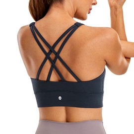 CRZ YOGA Womens Butterluxe Strappy High Neck Longline Sports Bra - Padded Criss Cross Back Workout Sports Bras Crop Tank Top True Navy Small
