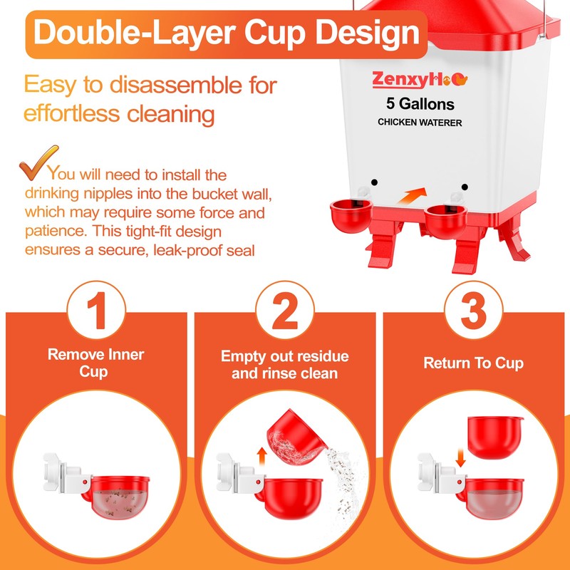ZenxyHoC 5.0 Gallons Chicken Waterer Bucket with 4 Double-Layer Waterer
