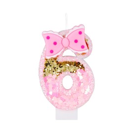 Girls' Pink 6 Number Birthday Candles - Gold Glitter Pink Number Candles with Bow - Happy 6th Birthday Party Decoration Celebration
