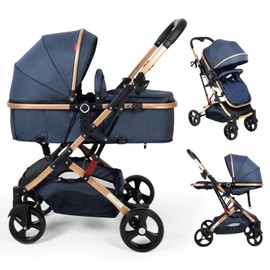 2 in 1 Baby Stroller Blue Newborn Stroller Foldable Convertible Infant Stroller Pushchair Folding High Landscape Infant Carriage,Toddler Push Blue Baby Stroller
