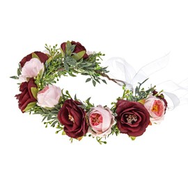 DreamLily Girls Camellias Flower Crown Birthday Photo Pops Hair Wreath Wedding Festival Floral Headpiece XM11 (B-Burgundy Pink)