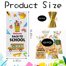 100 Pcs Back to School Party Cellophane Bags Clear Candy Cookie Treat Bags with Twist Ties 4 Designs School Bus Blackboard ABC Letters Plastic Favor bags for Back to school Favor Supplies Decorations