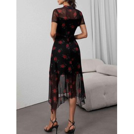 GothDark Vintage Goth Dress 2025 Summer Floral Print Mesh Spliced Double-Layered Irregular Hemline Midi Dress
