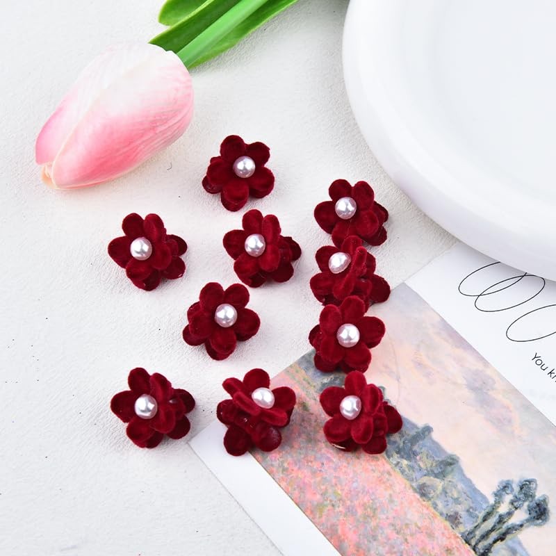 10Pcs Mini Flower Hair Clips for Women Girls Wine Red