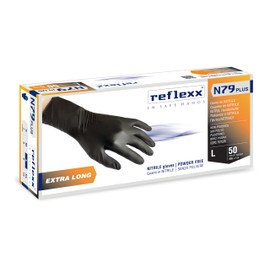 REFLEXX n79p/L extra lang, 30 cm, puderfrei Nitril Handschuhe gr7.7, Gr. Large, Schwarz (50 Stück)