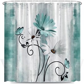 Rustic Farmhouse Shower Curtain, Farm Teal Daisy Floral Flowers and Butterfly on Country Wooden Shower Curtain for Bathroom, Turquoise Blue Bathroom Shower Curtains with 12PCS Hooks