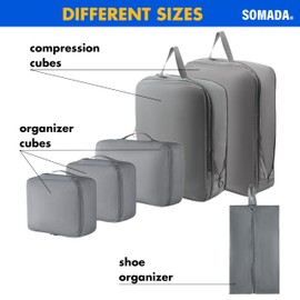 SOMADA 6 Pieces Packing Cubes Set (2 Compression + 4 Organization) Travel Essentials for Suitcase and Carry On, Travel Bags Luggage Organizer, Travel Accessories Christmas Holiday Gift - Gray