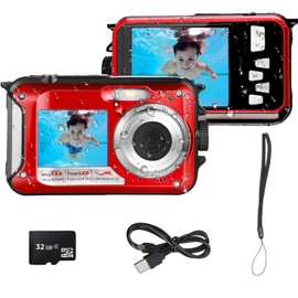 Acuvar 48MP Megapixel Waterproof Dual Screen Full HD 1080P Digital Camera for Underwater Photo and Video Recording for Selfies with LED Flash Light for Adults and Kids + 32GB SD Card (Red)