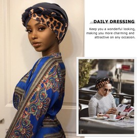 DRESHOW 1 Piece African Women's Turban Braid Headwear Headscarf Chemo Cap Pre-Tied Beanie Hat Head Wrap Sleep Hat, 1 x twisted braid: black with leopard print