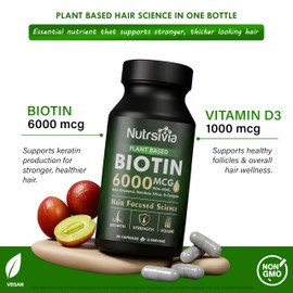 Nutrsivia Nutrsivia Vegan Biotin Hair Growth Supplement 6000mcg with MSM, Beta-Sitosterol & Bamboo Silica - Hair, Skin & Nails Support 80 Capsules for Women & Men