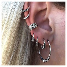 Inilbran Boho Layered Ear Cuff Wrap Earring Silver Cartilage Cuff Earring Large Circle Hoop Earrings Vintage Fake Helix Cartilage Earrings Non Piercing Multiple Earrings Set Jewelry for Women