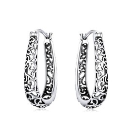 Bellitia Jewelry Fashion Jewellery Filigree Earrings Hoop Earrings Made of 925 Sterling Silver, Vintage Hoop Earrings Carved Vine Hollow Earrings Fine Zirconia Jewellery for Women Ladies, Sterling