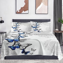 WeCozy King Size 4 Pcs Bed Fitted Sheet Set with 14" Deep Pocket, Abstract Circular Mandala Floral Flat Sheet Set for Kids and Adults, Summer Spring Blue Butterfly Bedding Set with 2 Pillowcases