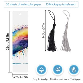 XoeLLe Pack of 50 Bookmarks, Blank Bookmark with 50 Tassels, Children's Bookmarks with Hole, 300 g Watercolour Paper, Book Accessories for Crafts Postcards, Greeting Cards, Collection (White 15 x 5