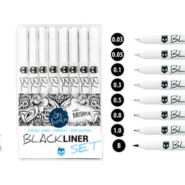 SKULLPAPER Blackliner Set, 8 x Units, Incl. Brushpen, Black, Waterproof, Quick-Drying, Opaque, Highly-Pigmented, For Bullet Journals, Sketches