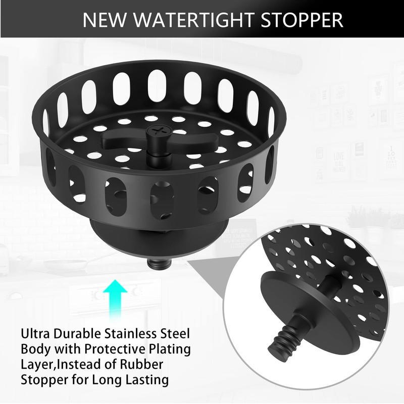 EXAKEY Black Sink Drain 3-1/2 Inch Kitchen Sink Drain Strainer