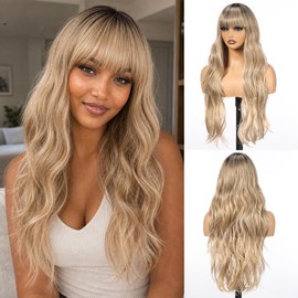 purshine Long Ombre Blonde Wig with Bangs for Women, 26 Inch Long Curly Lace Wig Natural Looking Heat Resistant Synthetic Wig for Daily Party Use?#TT1B/A.BLD?