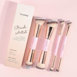 MAANGE Brochas de Maquillaje, 4 Brochas Maquillaje Premium de Doble Punta (Plana/Acodada/Redonda Acodada/Cónica) para Pulir Líquidos, Cremas, Polvos, Difuminar y Contornear el Rostro(Oro rosa)