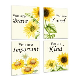 IDWHUIE 4 Pcs Inspirational Wall Decor, Brave Loved Important Kind Sunflower Wall Decor Pictures, Motivational Wall Decoration For Bedroom Bathroom Living Room Classroom, No Frame, 02