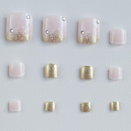 Press on Toenails Short Square Fake Toe Nails White French Tip Press on Nails Cute Flower and Rhinestone Stick on Nails Gold Glitter Glue on Nails Acrylic Toe Nails Summer Manicure for Women 24Pcs