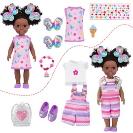 ZQDOLL 14.5 inch Black Doll and Black Baby Doll Clothes and Accessories Set, African Baby Doll with 2 Sets Clothes Shoes Backpack Hairclip Bracelets Diamond Stickers etc- Best Gift for Girls
