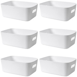 Mofeisor 6 Packs Plastic Storage Baskets with Handles, Cupboard Storage Boxes for Bathroom, Office, Kitchen Organiser Storage Box, White