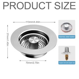Sink Strainer Kitchen Sink and Sink Plug, 3-in-1 Pop-Up Stainless Steel Drain Plug with Anti-Clogging Basket, Sink Strainer for Sink Bore 7.5-8.6 cm, Depth > 4 cm