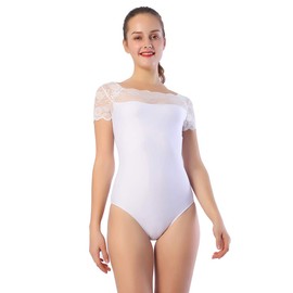 Aoylisey Women's Lace Short Sleeve Ballet Dance Leotard One Piece Bodysuit 0315 (White, XXL)