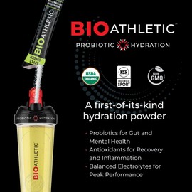 BioAthletic Probiotic + Electrolyte Hydration Drink Mix, with Vitamins D & B12, USDA Organic, NSF Certified for Sport, Subtle Apple Ginger Flavor, Naturally Light Taste, 10 Sticks