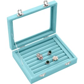 Basuwell Earring Storage 7 Slots Velvet Jewelry Tray for Drawers Glass Clear Lid Showcase Display Ring Organizer Earring Ring Trays Holder Cufflink Showcase (Light Blue)